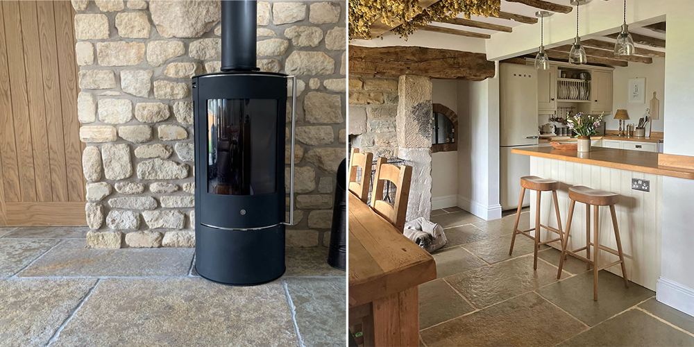 (Left) Somerset tumbled and brushed limestone floor tiles, (Right) Jaipur tumbled and brushed limestone floor tiles